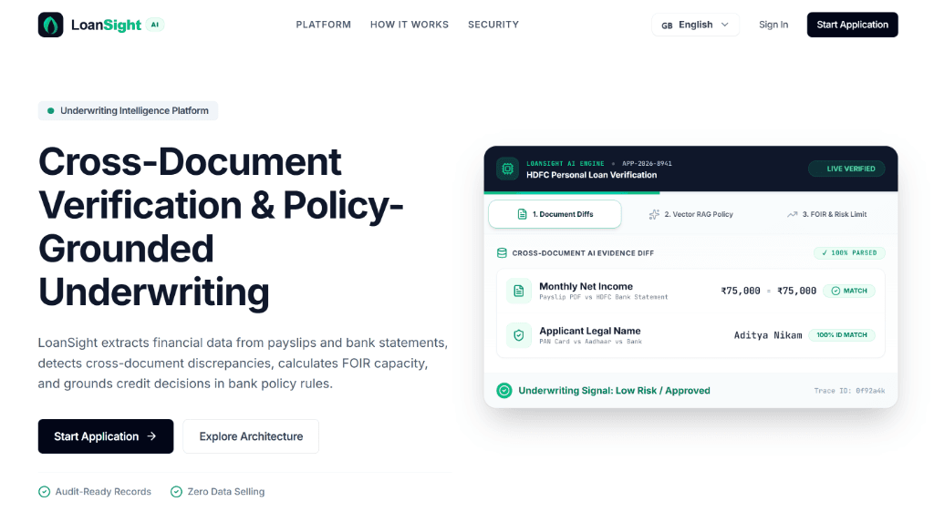 LoanSight AI underwriting workspace with cross-document evidence diff and FOIR calculation